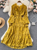 kamames Autumn Women Lace Midi Dress Vintage Round Neck Lantern Long Sleeve High Waist A-Line Elegant Party Robe New Fashion 2023