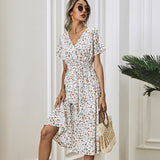 kamames Queens Women Floral Print Short Sleeve Beach Sexy Bohemian Midi Dress Ladies V-neck Boho Sundress Vestidos