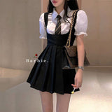 kamames Women Dress Sets Preppy Style Slim High Street Girl Sweet Ins Puff Sleeve Shirts Pleated Dresses Student Harajuku Ulzzang JK Hot