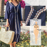 kamames Elegant Blue Long Cotton Women Summer Beach Tunic Dress Plus Size Sexy V-Neck Wrist Party Dress Pareo Kaftan Femme Q529