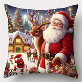 Contemporary Christmas Throw Pillow Covers Set of 4 - Santa Claus and Reindeer with Snowy Village Scene, Hand Washable Zippered Polyester Cushion Cases for Sofa and Living Room Decor, 17.7x17.7 inches - Festive Winter Holiday Decorative Pillowcases (Inser