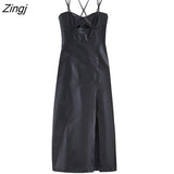 kamames 2022 Women Sexy Thread Stitching Hole Spaghetti Strap PU Leather Slim Midi Dress Female Back Zipper Split Vestidos DS2533