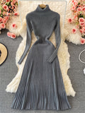 kamames Women Pleated Knitted Dress Turtleneck Long Sleeve Elastic Slim Pencil Dress Autumn Winter Sexy Bodycon Sweater Dress