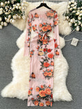 Zingj Autumn Sexy Long Dress Fashion O Neck Long Sleeves Slim Korean Mesh Sheer Floral Print Maxi Dress