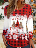 Long Sleeve Casual Merry Christmas Print Crew Neck T-shirt for Fall & Winter, Women's Clothing