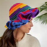 Handmade Crochet Rainbow Bucket Hat for Women, 100% Acrylic Knit Ruffle Brim, Unisex Funky Fringe Warm Winter Cap, Lightweight, Elastic, Washable - Ideal for New Year's Fashion Accessory