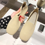 kamames Plus Size Spring New Ballet Flats Women Square Toe Knit Fabric Loafers Breathable Flat Heel Drive Shoes Driving Sneaker
