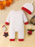 Adorable 'My First Christmas' Letter Print Romper & Hat Set for Baby Boys - Cozy Polyester Blend, Machine Washable - Perfect for Fall/Winter, Perfect for Outdoor