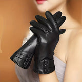 Velvet Lined Elegant Gloves for Women - Warm, Waterproof, Touchscreen, Split Finger, PU Leather with Decorative Buttons - Perfect for Autumn and Winter