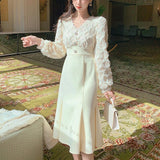 kamames Long White Dress Women French Vintage V-neck Lace Slim Y2K Dress Spring Korean One Piece Casual Evening Party Dress 2023