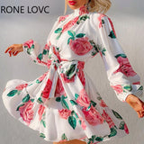 kamames Women High Neck Long Sleeves Rose Print Ruffles Hem Dress Elegant Fashion Chic Dress