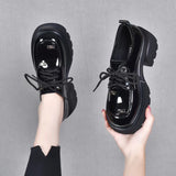 kamames kamames Women With Thick Soles 2023 Autumn And Winter Round Head Tied With Letters Decorative Cow Lacquered Leather Single Shoes Women's Muffins