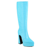 kamames Crocodile Leather Women Knee High Boots Fashion Platform Suqare High Heel Punk Boots Pointed Toe Motorcycle Boots Lady Shoe