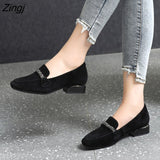 kamames Autumn Winter Women Loafers Low Heels Boat Shoes Square Toe Dress Shoes Chain Faux Suede Plush Warm Ladies Shoes