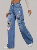 High Waist Heart Graffiti Jeans: Casual Wide-Leg Style, Ripped Denim for All Seasons