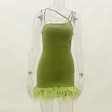 kamames Hairy Pendulum Slanted Shoulder Strap Hip Dress Sexy Slim Spicy Girl Bare Back Fashion Skirt