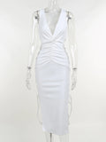 kamames Elegant Hollow Out Bandage Midi Dress For Women Outfits Summer New White Sleeveless Bodycon Long Dress Vestido