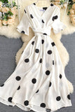 kamames Women Polka Dot Midi Dress Vintage V-Neck Short Flare Sleeve Bandage A-Line Vestidos Female Casual Robe New Fashion