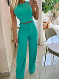 kamames Solid Women Pant Two Piece Set Sleeveless O-neck Slim Naked Waist Top Wide Leg Pants Suit Chic Office Lady Clothing