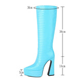 kamames Crocodile Leather Women Knee High Boots Fashion Platform Suqare High Heel Punk Boots Pointed Toe Motorcycle Boots Lady Shoe