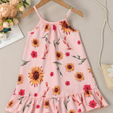 Adorable Floral Ruffle Hem Cami Dress for Girls - Loose Fit, Non-Stretch Polyester, Machine Washable, Perfect for Summer Party, Beach Vacation, and Outdoor Play - Woven, No Sheer, Easy Care