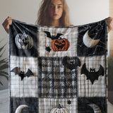 Cozy Vintage Christmas Blanket - Bat, Moon & Pumpkin Plaid Print | Soft Flannel Throw For Couch, Bed, Car, Office | Versatile All-Season Gift