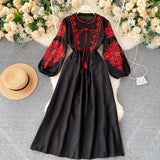 kamames kamames Embroidery Flowers Round Collar Lantern Sleeves Wrinkled Loose Show Thin Dress Women