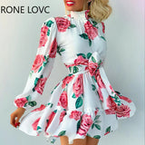 kamames Women High Neck Long Sleeves Rose Print Ruffles Hem Dress Elegant Fashion Chic Dress