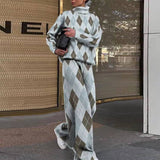kamames Office Loose Suit 2023 Fall Retro Pattern Print Two Piece Set Women Turtleneck Long Sleeve Top and Straight Pants Outfit
