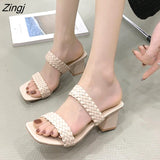 kamames New Fashion Summer Women Sandals Ladies Shallow Mouth Colorblock High Thick Shoes Middle Heel Ladies Slippers Plus Size