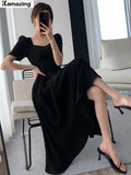 kamames New Elegant Midi Black Dress For Women Solid A Line Femme Fashion Office Lady Clothing Vestidos