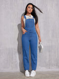 Classic Plain Washed Blue Denim Overalls, Adjustable Strap Casual Patch Pocket Straight Leg Denim Jumpsuit, Women's Denim Jeans & Clothing