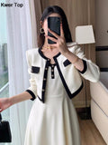 kamames Solid Midi Dress 2 Piece Set Office Lady Chic Suit Spring Short Jacket Sleveless A-line Dresses Outfits Korean Clothes