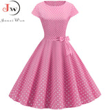 kamames Vintage Dress Women Polka Dot Elegant Short Sleeve A-Line Midi Party Dress Sundress Robe Rockabilly Vestidos