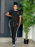 Chic Color Block Two-piece Outfit Set - Comfortable Casual Wear with Crew Neck Top & Drawstring Pants - Perfect for Trendy Women