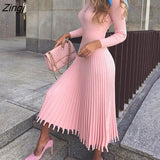 Zingj new autumn and winter new fashion temperament women's mid-length sweater knitted solid color pleated dress