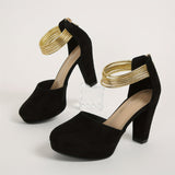 Elegant Women's Chunky Heel Pumps: Water-Resistant, All-Season Slip-On Shoes with Secure Ankle Strap