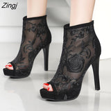 kamames new Summer Peep Toe Ankle Sandals Boots Thin High Heels Women's Mesh Hollow Pumps Lady Gladiators Shoes Sexy Sandal
