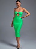 kamames Out Midi Bandage Dress Women Green Bodycon Dress Evening Party Elegant Sexy Midi Birthday Club Outfit 2022 Summer New