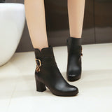 kamames Comfortable Thick Heel Ankle Boots Fashion Buckle Zipper Boots Women Round Toe Fall Winter Shoes Black White Pink