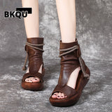 kamames New Summer Black Women Leather Sandals Cool Boots Platform Shoes Wedges Sandals Women Shoes Fashion Outdoor Sandals