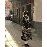 kamames Gothic Dark Loli 2pcs Sets Black Basic Long-Sleeved Bottoming Shirt + Floral Print Sleeveless Dress Women Spring Suits