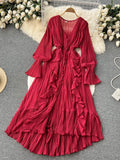 Zingj Chiffon Pleated Long Dress Women Vintage V-Neck Flare Sleeve Draped Ruffle Vestido Female Maxi Robe Spring Fall 1028-0