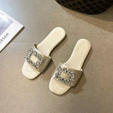 Slippers Slippers  Summer New Square Rinestones Satin Smooth Block Womens Soes Fasion Slide Comfortable Ligt Sandals Silk H240327