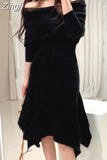 kamames Sexy Slash Neck Long Sleeve Ruffle Hem Long Sweater Dress Women Slim Waist Irregular Elastic Knitted Dresses Winter 2023