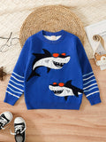 Boys Stylish Shark Pattern Sweater Round Neck Long Sleeve Stretch Warm Knit Pullover Top Kids Clothes Outdoor