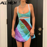 kamames Vintage 90s Striped Patchwork Hollow Out Cami Dresses Aesthetics Cut Out A-line Mini Dress Summer Sexy Clubwear 2021