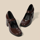 kamames New Mary Jane Shoes Female Retro English Style Hepburn Black High Heel One-Word Buckle Thick Heeled Square Head Single Shoe Woman