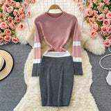 kamames Winter 2021 Simple Warm Tight Dress Elegant Office Lady Dress Long Sleeve High Waist Pencil Stretch Knit Dress Women