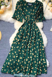 kamames Women Polka Dot Midi Dress Vintage V-Neck Short Flare Sleeve Bandage A-Line Vestidos Female Casual Robe New Fashion